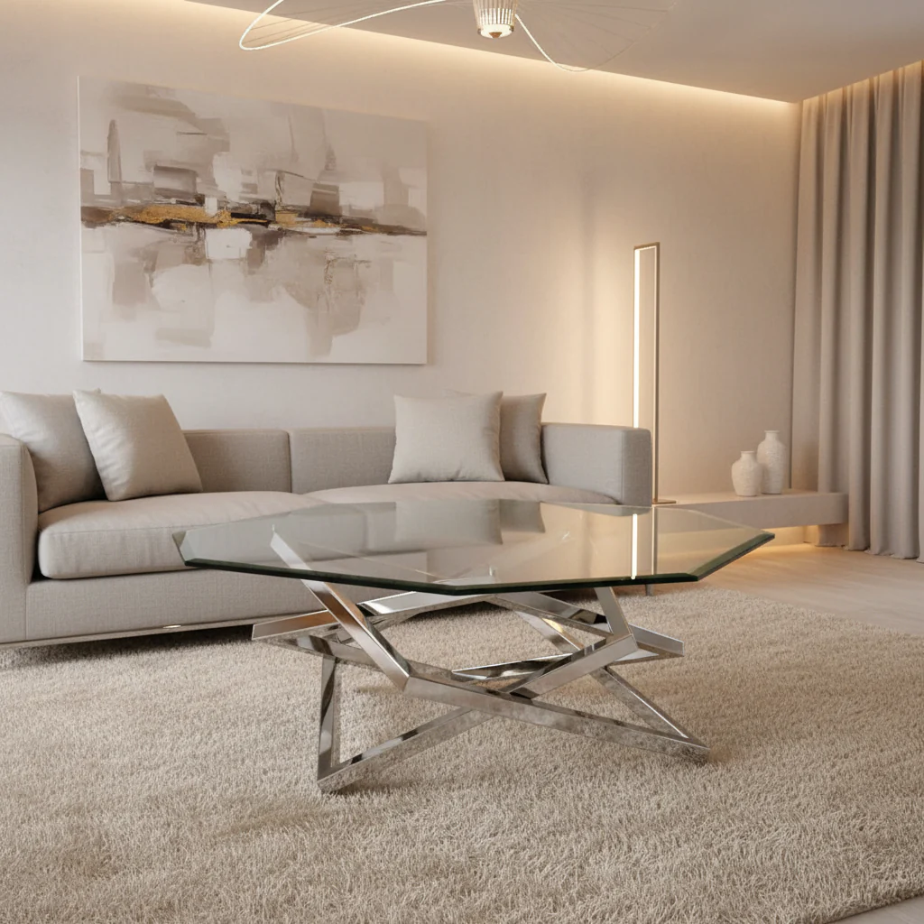 Square Modern Chrome Metal and Glass Coffee Table