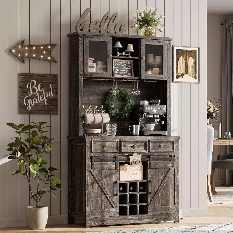 72 Coffee Bar Cabinet with Sliding Barn Door, Tall Kitchen Buffet Hutch with 3 DrawersWine Glass Rack, Ample for Home