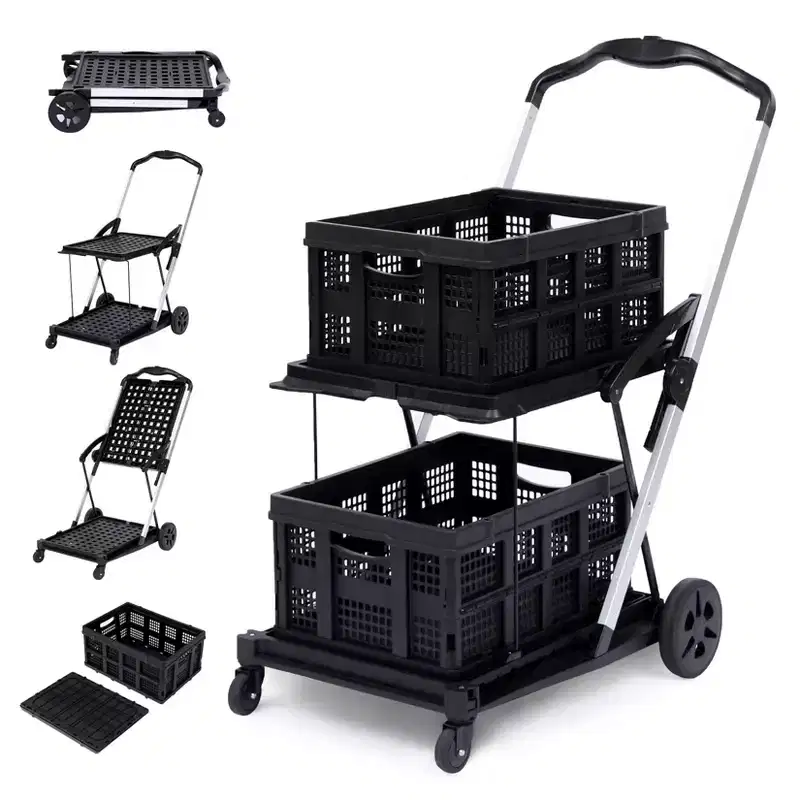 Acekool 2 Layer Folding Shopping Cart with 360 Swivel Wheels and Storage Crate, Black
