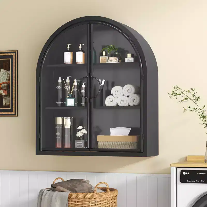 No Assembly Wall Cabinet Over Toilet, Arched Metal Bathroom Storage Cabinet with Glass Doors, Wall Mount Medicine Cabinet Organizer