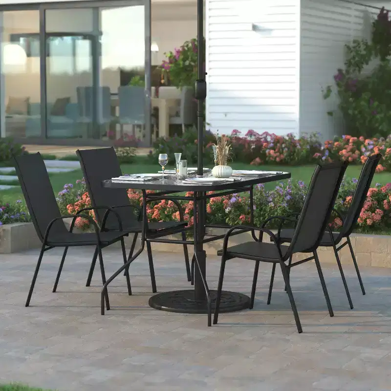 Emma and Oliver 5 Piece Outdoor Dining Set with Tempered Glass Top Patio Table and 4 Flex Comfort Textilene Stacking Chairs