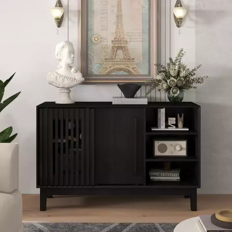 47 Mid-Century Modern Sideboard & TV Stand, Buffet Storage Cabinet with Sliding Slat Door, Solid Wood Legs - Panipeachy