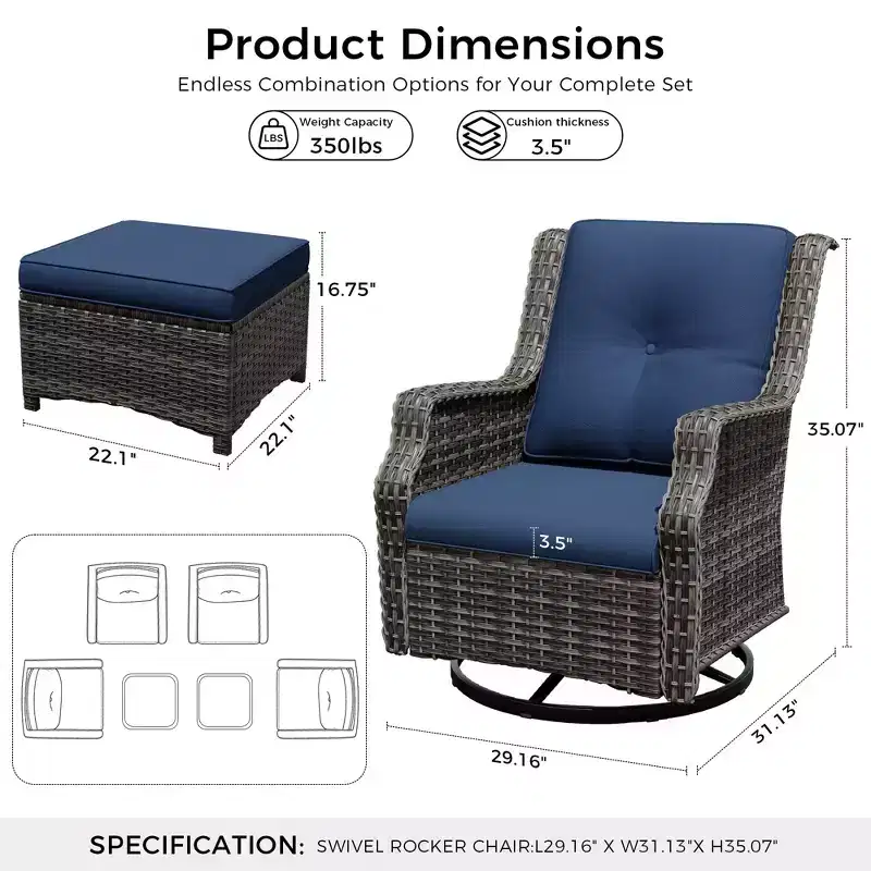 UPTIOT 6-Piece Swivel Rocker Set with Ottoman: 360 Rotation & All-Weather Olefin Fabric