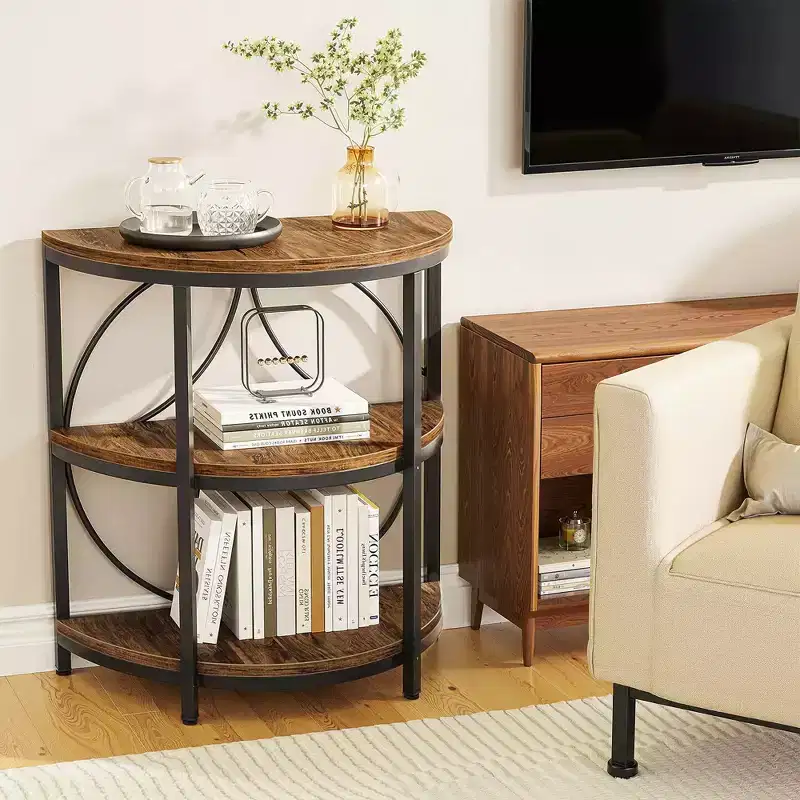 3-Tier Half-Round Side Table, Rustic Brown Engineered Wood with Black Metal Frame