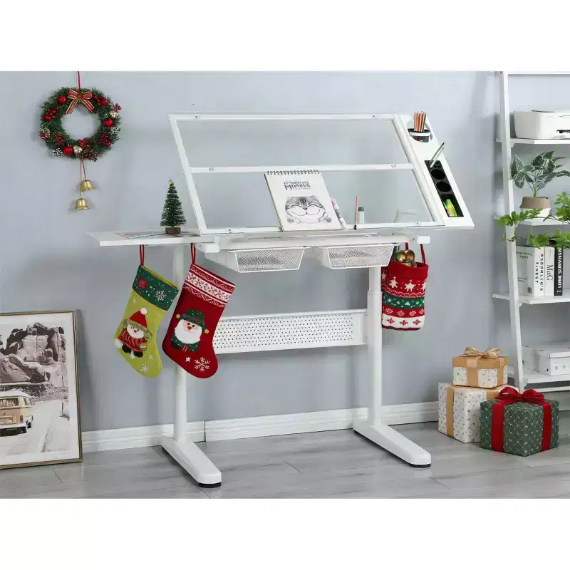 JVNOXK hand crank adjustable drafting table drawing desk with 2 metal drawers (white)-WITH STOOL
