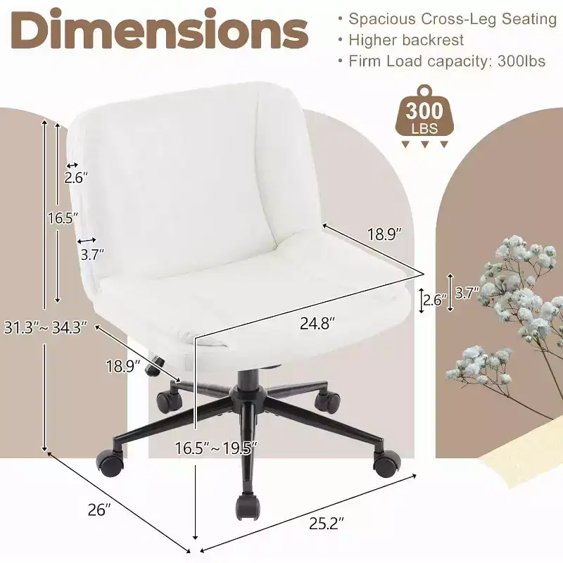 VINGLI Criss Cross Thick Padded Armless Comfy Desk Chair with Dual-Purpose Base,Adjustable Swivel Modern Vanity Chair,Rolling,Waxed PU