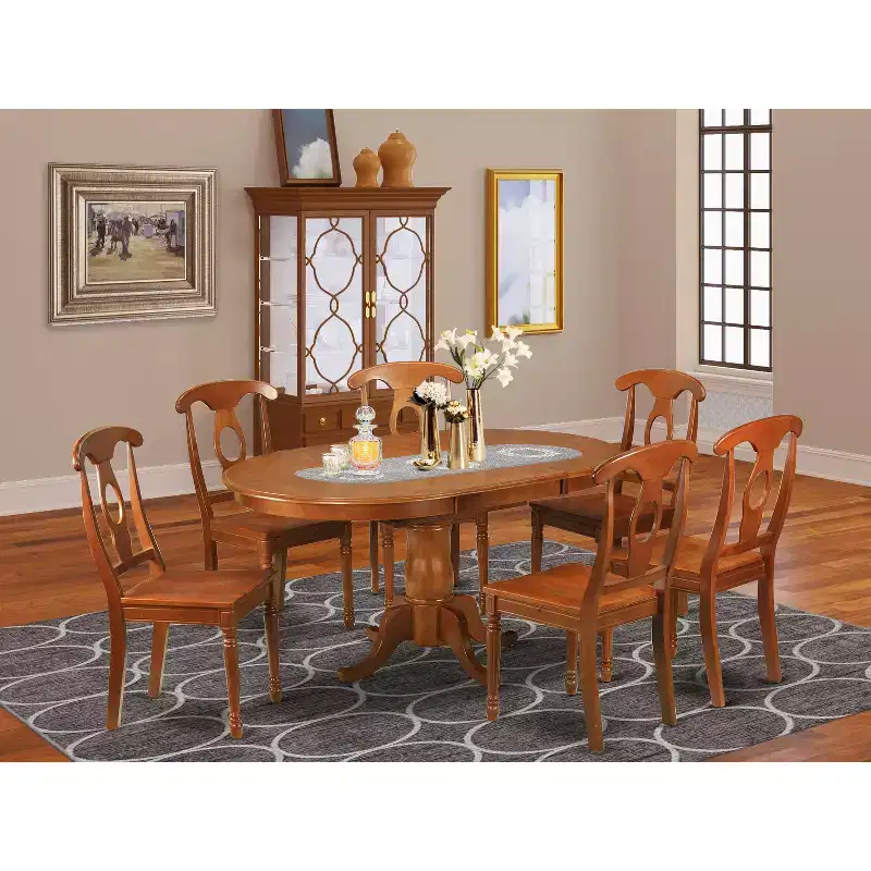 HomeStock Belmont Dining Room Set-Oval Dining Table With Leaf And Chairs, Saddle Brown