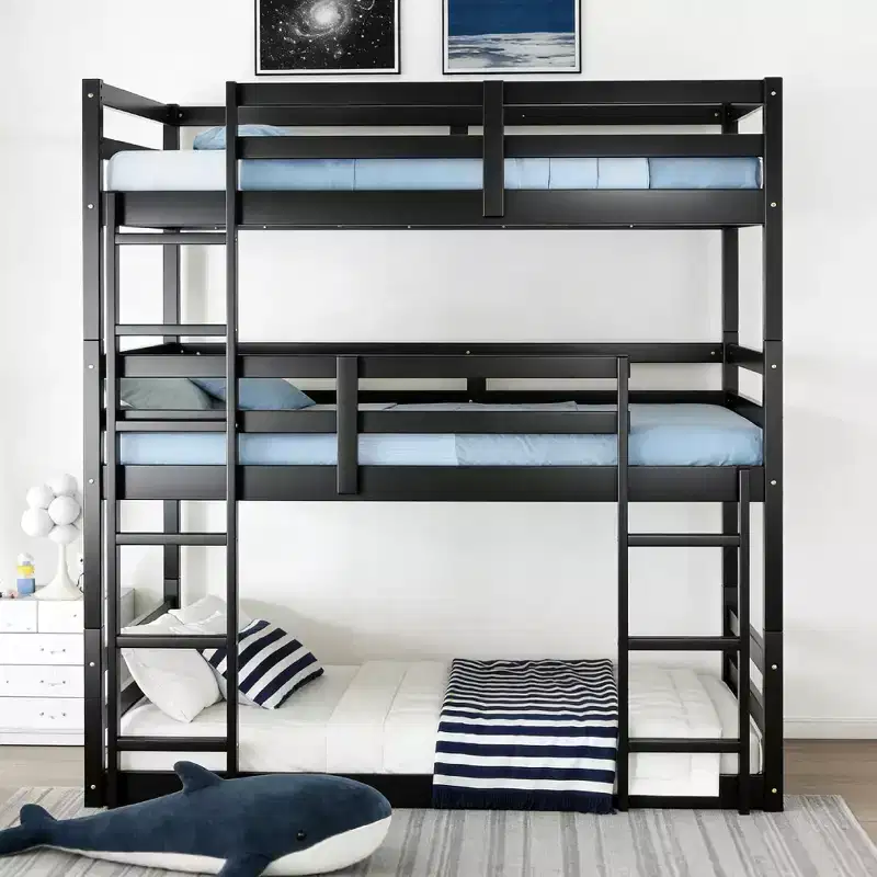 Twin Triple Wood Bunk Bed with 2 Built-in Ladders, Detachable into 3 Twin Beds