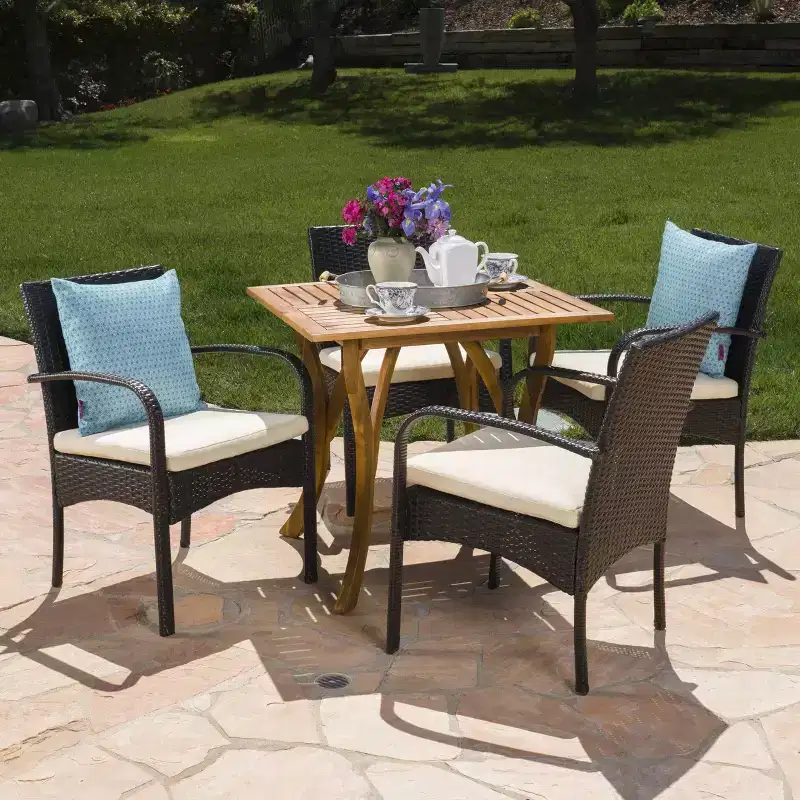 Hartford 5pc Acacia Wood and Wicker Dining Set - Teak/Cream - Christopher Knight Home: Weather-Resistant, 4 Arm Chairs & Square Table