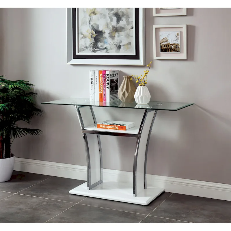 White / Black Modern Sofa Table for 1 – Tempered Glass Top, Chrome Metal Legs