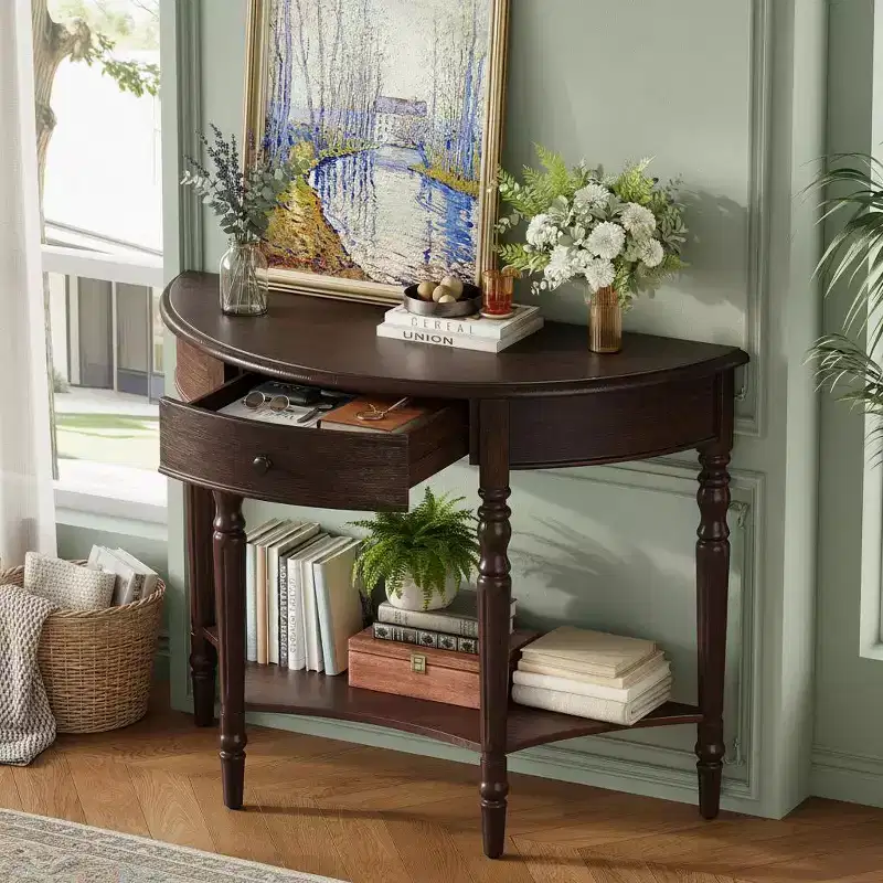 Polibi Farmhouse Crescent Entry Console with Drawer & Shelf