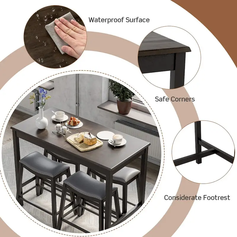 Costway 5PCS Bar Table Set Counter Height Table & Upholstered Saddle