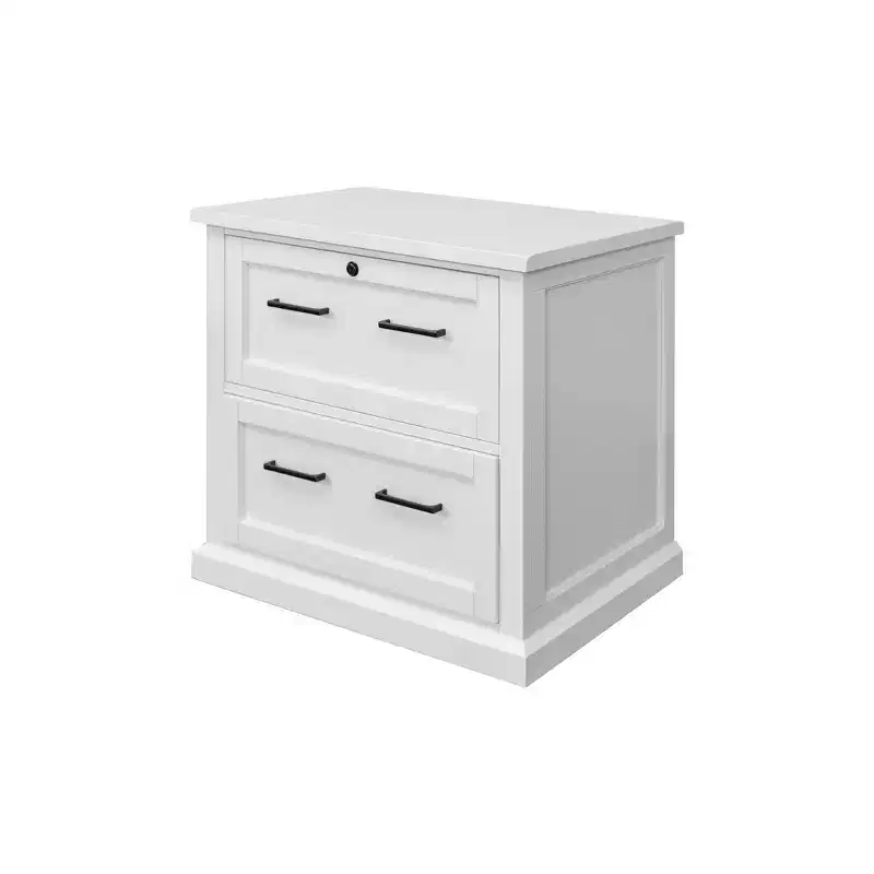 Modern Wood Lateral File Cabinet - White, Shaker Doors, Bead Board Panels, Built-in Power Centers