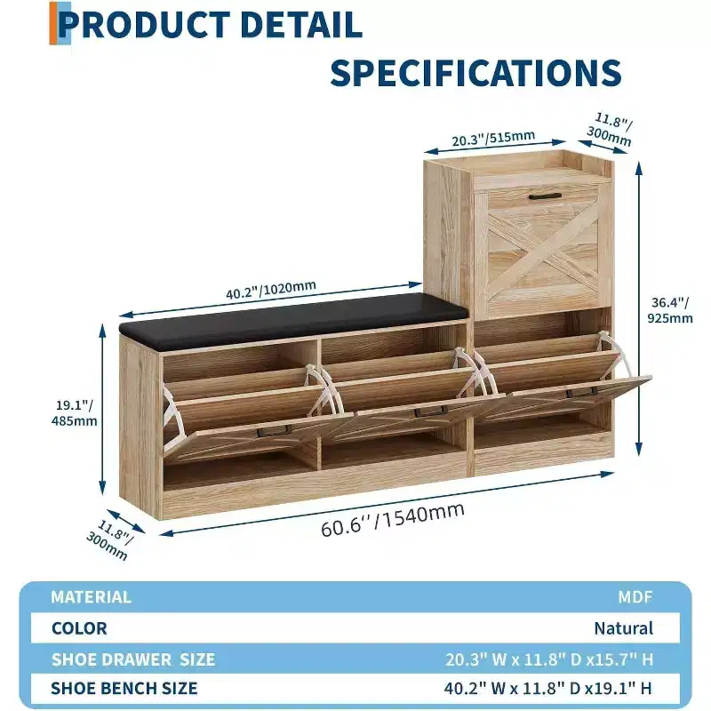 Shoe Storage Bench with Flip Drawers, Padded Seat, Narrow Hidden Shoe Cabinet Organizer for Hallway & Living Room