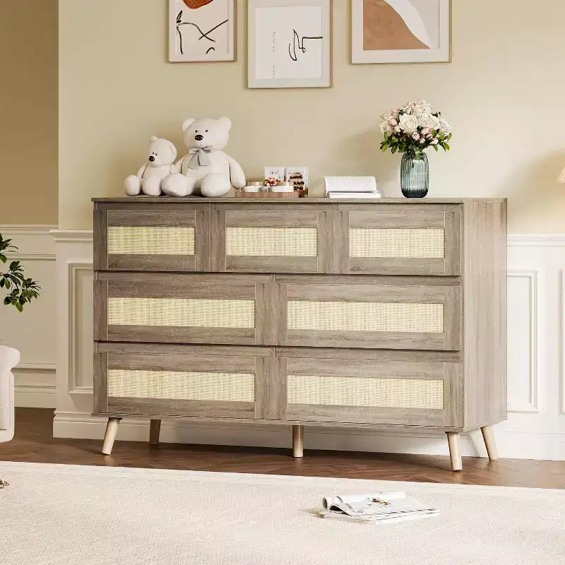 7-Drawer Rattan Dresser, Modern Wood Storage Cabinet with Woven Fronts, Wide Chest of Drawers for Bedroom Living Room Nursery