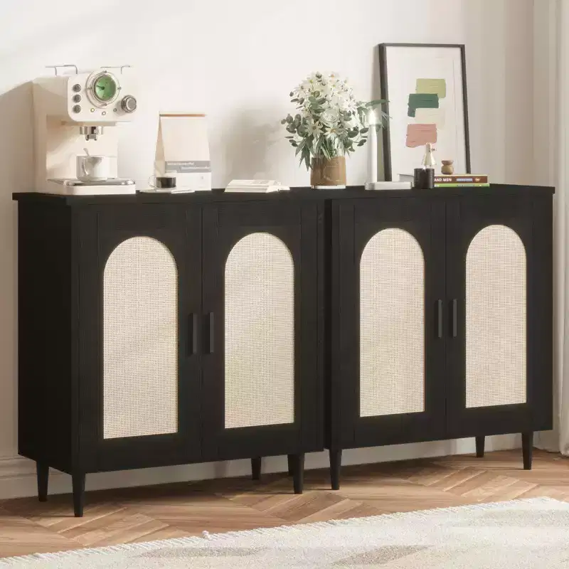 COZONY Sideboard Buffet Storage Cabinet with Rattan Doors, Solid Wood Feet, Ample Storage for Living Room, Kitchen, Entryway, Hallway