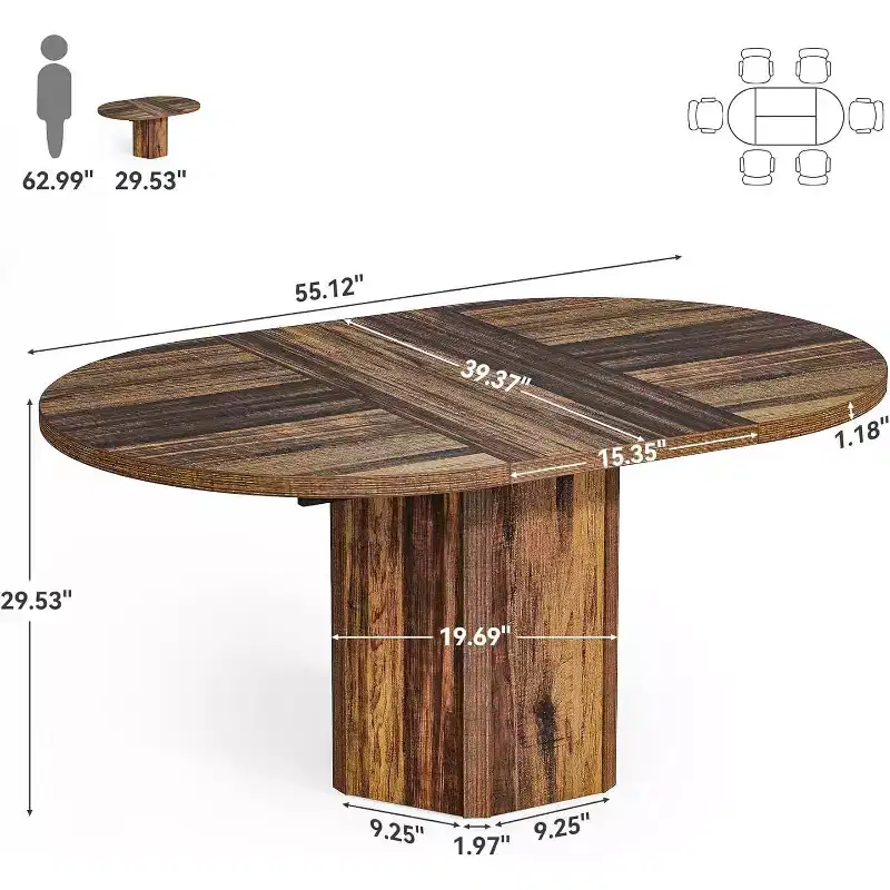 Lantine 55-Inch Rustic Oval Dining Table for 6, Wood Kitchen Table with Wooden Base for Kitchen, Dining and Living Room, Brown