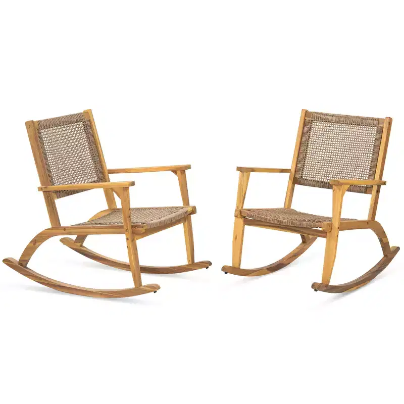 GDFStudio Antonio Patio Modern Acacia Wood Rocking Chair with Wicker Back and Seat (Set of 2)