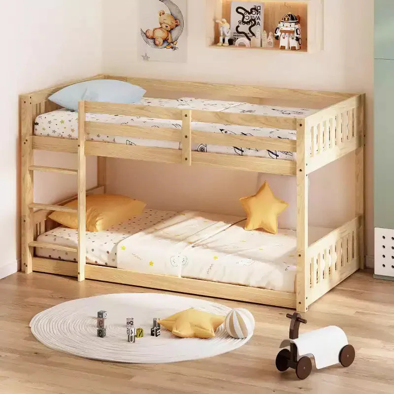 Low Twin Over Twin Bunk Bed for Kids, Wood Bunk Bed Frame with Guardrails & Ladder, Mattress Not Included