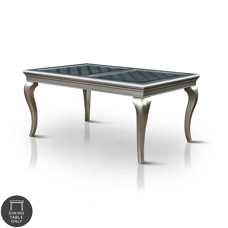 Glam Glass Top Wood Dining Table, Seats 4-6, Champagne Finish, 66 Inch