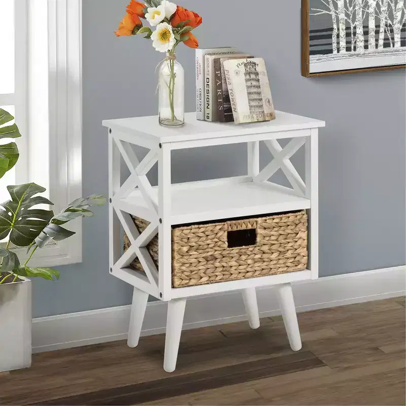Mid-Century Modern Nightstand End Table with Storage Shelf and Wicker Basket