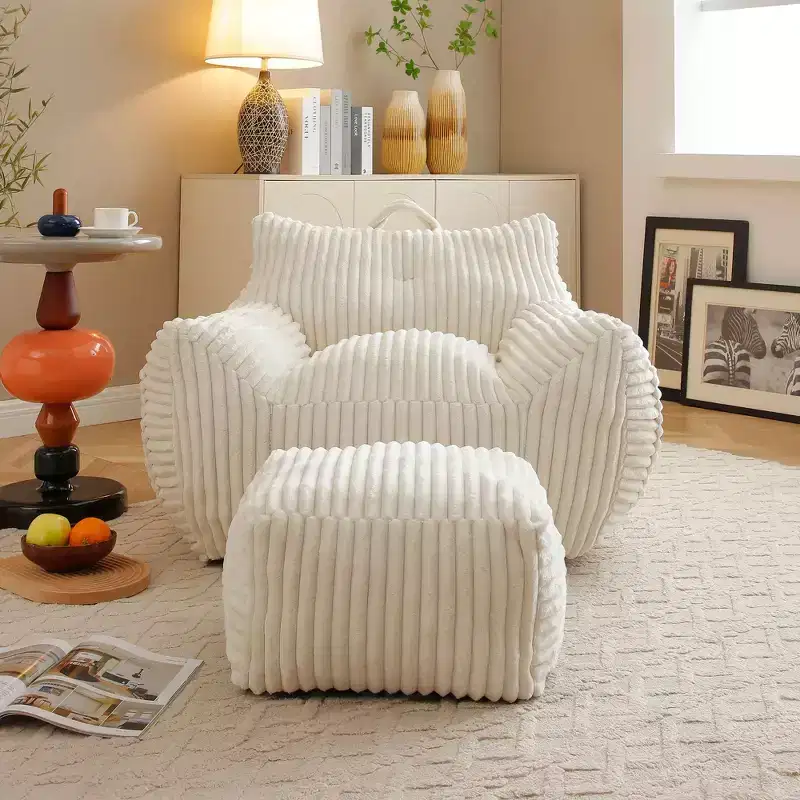 Modern Plush Corduroy Floor Bean Bag Sofa Chair with Armrests & Footstool,Lazy Lounge Couch for Living Room,Bedroom