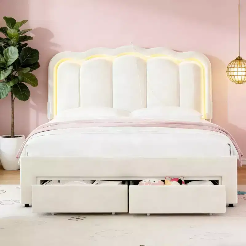 Upholstered Bed Frame with 2 Drawers and Headboard, Velvet Princess Platform Bed with Light, Wooden Slats Support, No Box Spring Needed