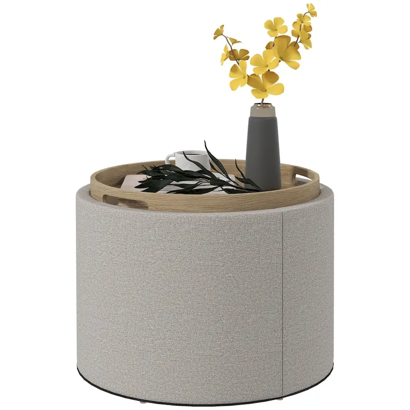 Round Storage Ottoman Coffee Table with Flip Top Tray