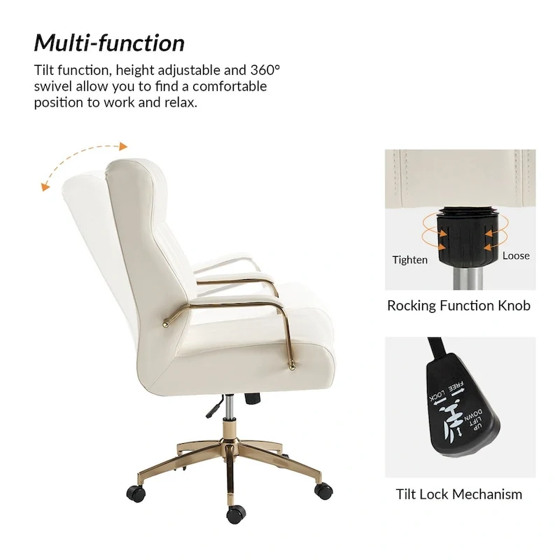 Mid-Century Modern Vegan Leather Swivel Tilting Office Chair with Channel Tufted and Metal Feet