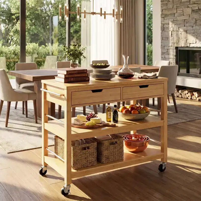Christopher Knight Home Ottilia Bamboo Rolling Kitchen Cart with 2 Drawers and Open Shelves