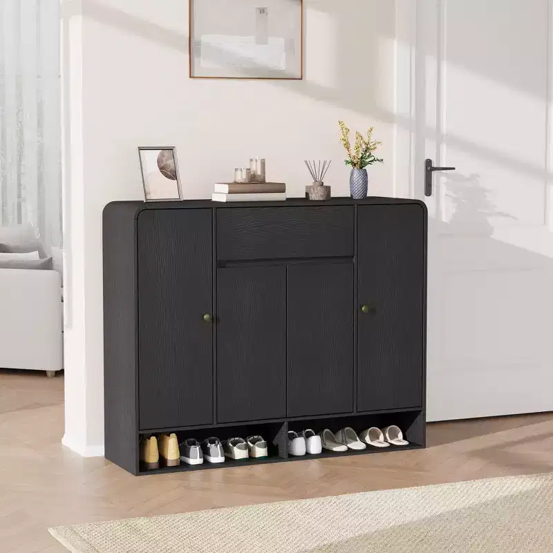 Shoe Cabinet 47.2 Inch with Adjustable Shelves 4 Doors Bottom Shelf Freestanding Narrow Organizer Rounded Corner for Hallway Living Room