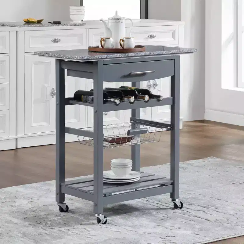 30Mobile Rolling Kitchen Island Trolley Serving Cart with Underneath Drawer & Slide-Out Wire Storage Basket
