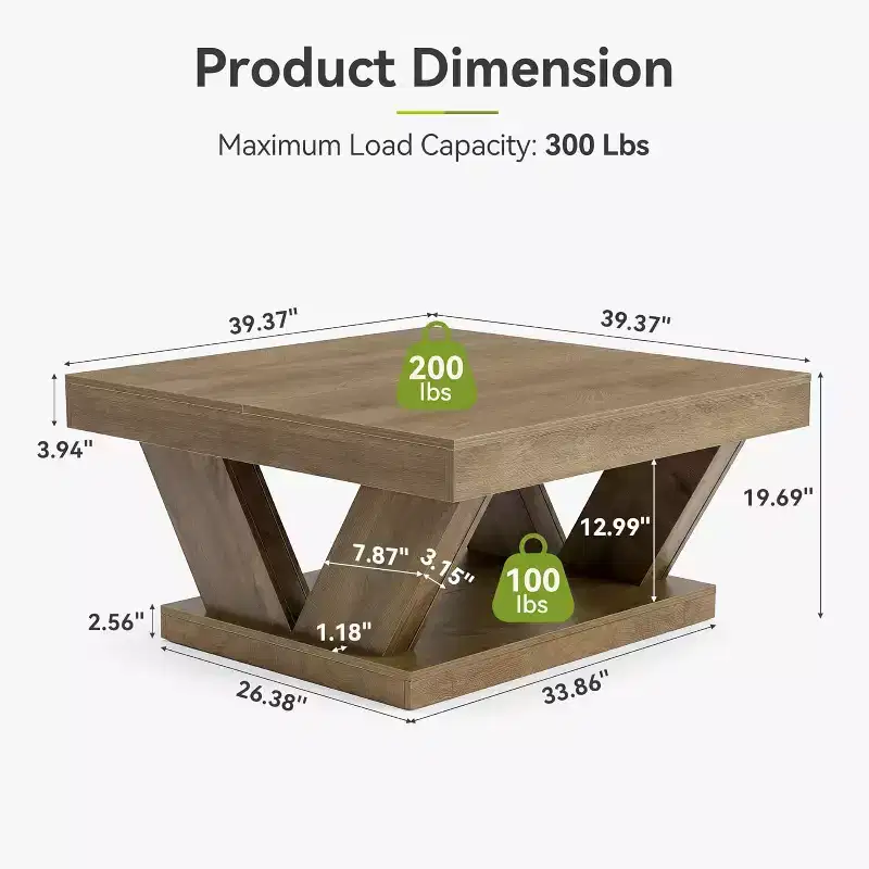 Farmhouse Coffee Table with Large Storage Shelf, 2-Tier Rustic Wood Center Table for Living Room & Home Office, Rustic Brown