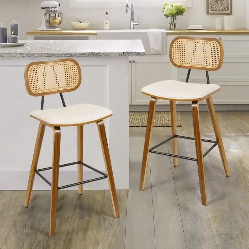 26-inch Wood Counter Height Bar Stools with Rattan Back