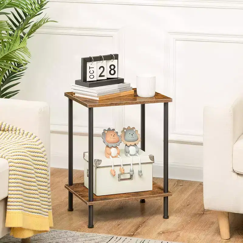 Small Industrial End Table with 2-Layer Storage Shelves, Sofa Side Table for Small Spaces, Living Room/Bedroom