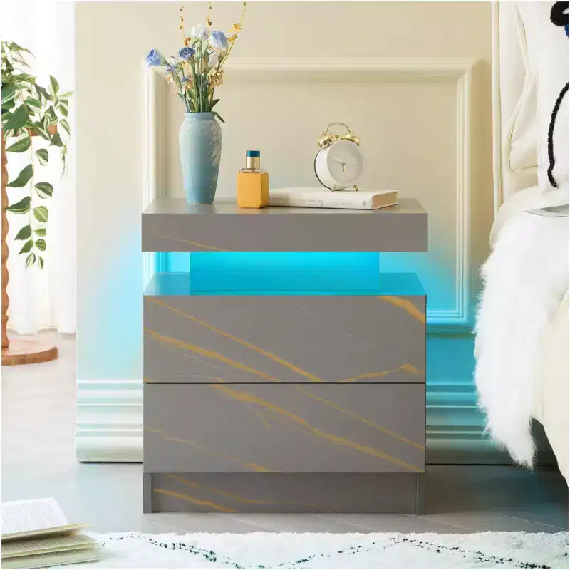 Nightstand Bedside Table with 2 Drawers Modern End Side for Bedroom Gray Gold