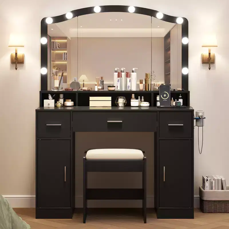 Wooden Vanity Table with LED Lighted Mirror & Charging Station, Modern Makeup Vanity Desk with Storage Drawers & Cabinets for Bedroom