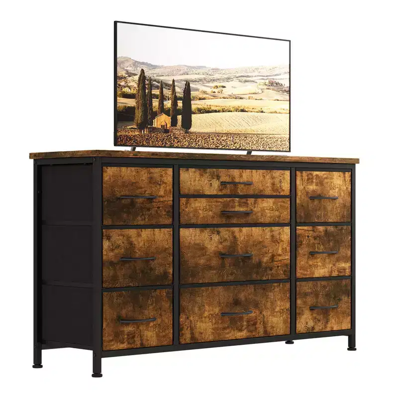 TV Stand for 55'' TV with Power Outlet, Entertainment Center, Dresser with 10 Large Drawers