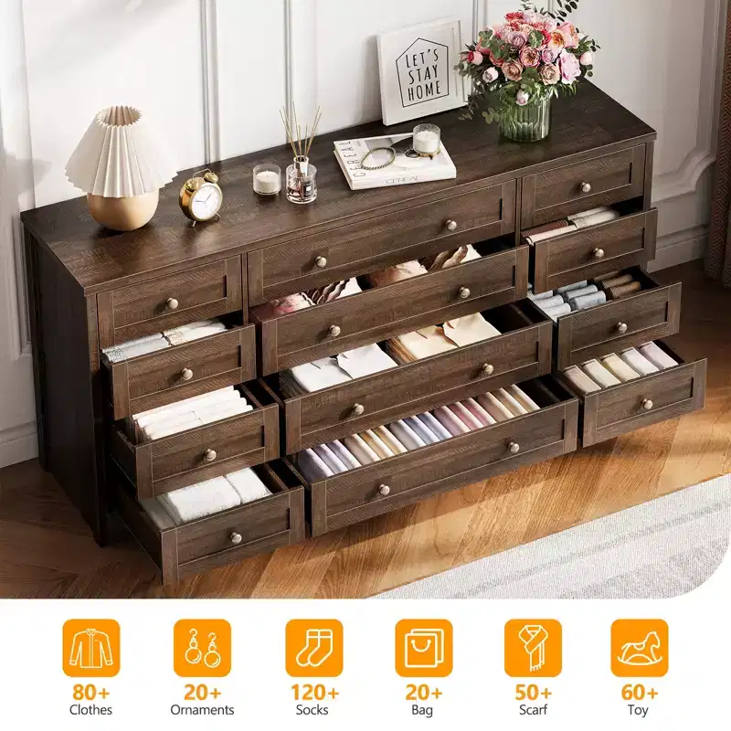 Modern 12-Drawer Sturdy Wood Dresser for Bedroom  63 Wide Chest of Drawers & TV Stand  Deep Storage Cabinet  Ideal for Living Room, Hallway