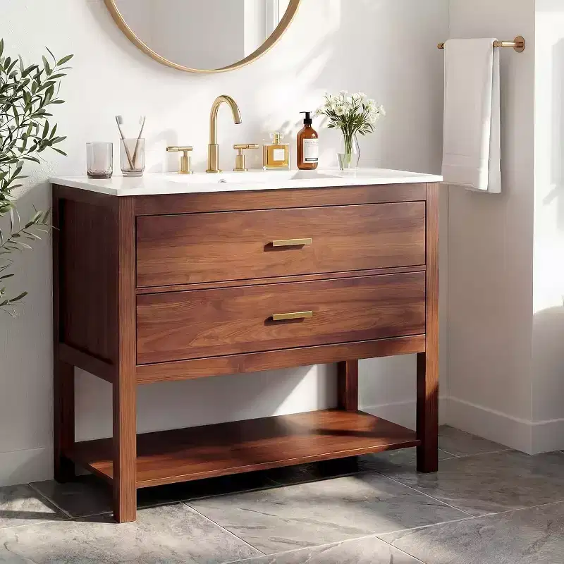 30 Farmhouse Bathroom Vanity with Sink, Wood Bath Storage Cabinet Featuring 2 Drawers & Open Shelf