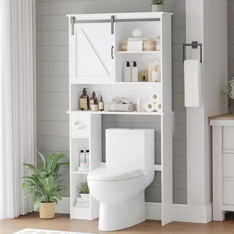 Over The Toilet Storage Cabinet, Tall Storage Cabinet Over Toilet with 2 Sliding Barn Door & Toilet Paper Holder Stand, Space-Saving Toilet Rack