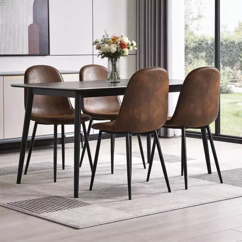 HomeRoots Set of Four Espresso and Black Faux Suede and Steel Dining Side Chairs