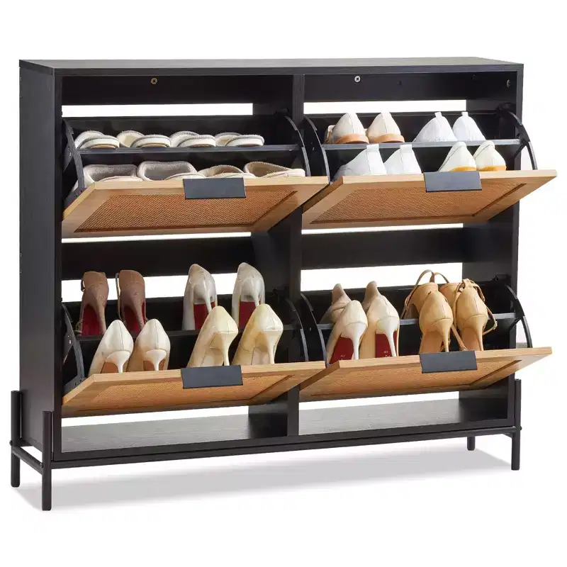 VEVOR Rattan Shoe Cabinet, with 4 Flip Drawers, Slim Shoe Entryway Storage Cabinet with Metal Legs, for Entryway, Closet, Hallway, Black