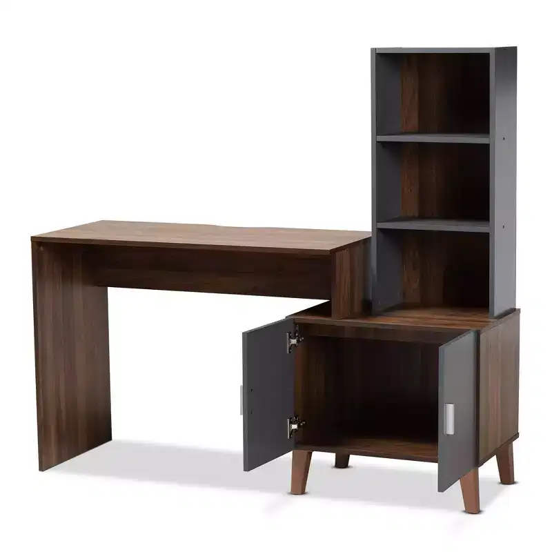 Baxton Studio Jaeger Two-Tone Wood Desk Brown/Dark Gray: Home Office Furniture with Open Storage Shelf