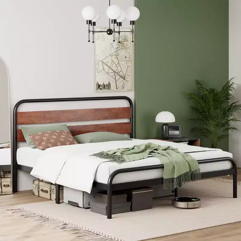 King Size Metal Platform Bed Frame – Wood Headboard, 880LB, Under-Bed Storage
