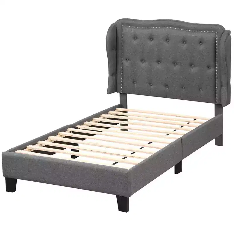 Twin Size Platform Bed Frame with Button Tufted Wingback Headboard & Wooden Slats, Gray