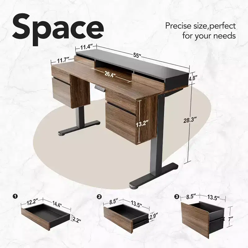 55 Inch Electric Height Adjustable Stand Up Desk with Storage, Standing Desk with 6 Drawers, Computer Home Office Workstation with Monitor Stand