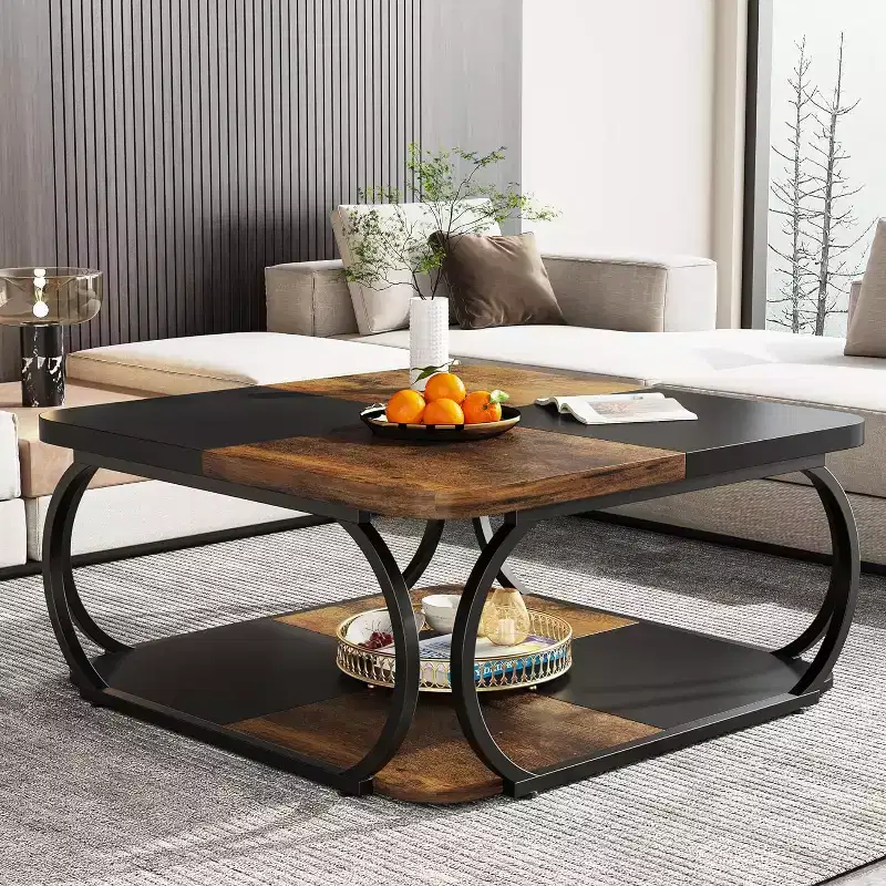 40 Farmhouse 2-tier Low Square Coffee Table with Wood Storage Shelf Heavy Duty Metal Curved Frame for Living Room