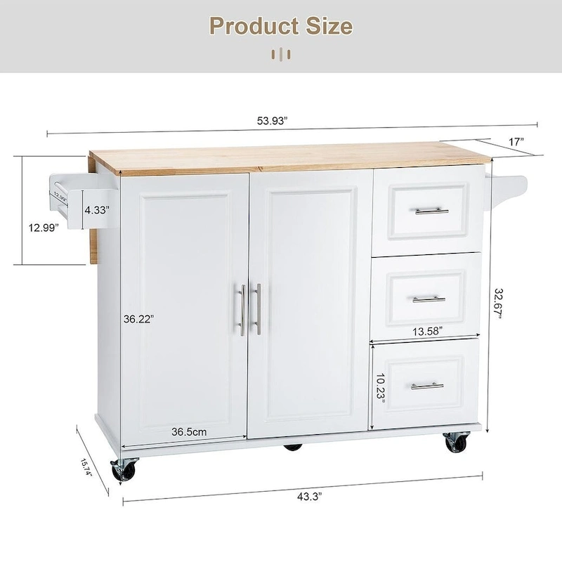 Kitchen Island Cart with Extensible Rubber Wood Top and Locking Wheels