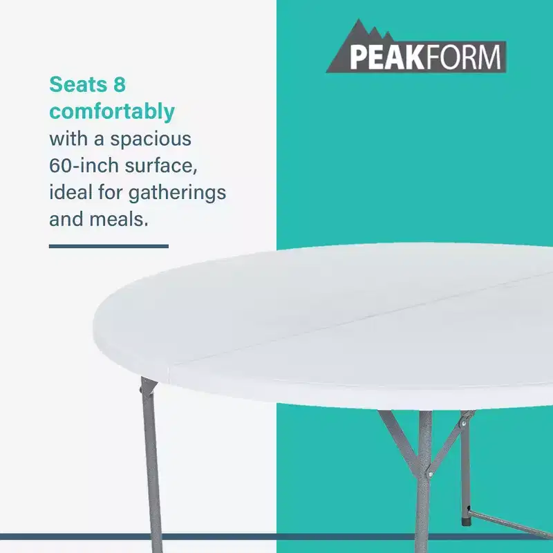 Peakform Round Multipurpose Banquet Table Lightweight Durable Folding Desk with Secure Base for Indoor and Outdoor Events, 60 Inch, White